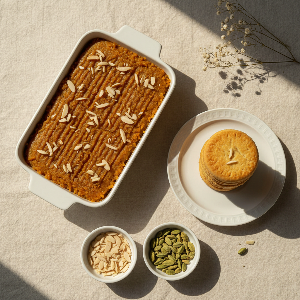 Combo Deal Shahi Daal Halwa and Koondon Ki Tikkiyan overhead flat lay