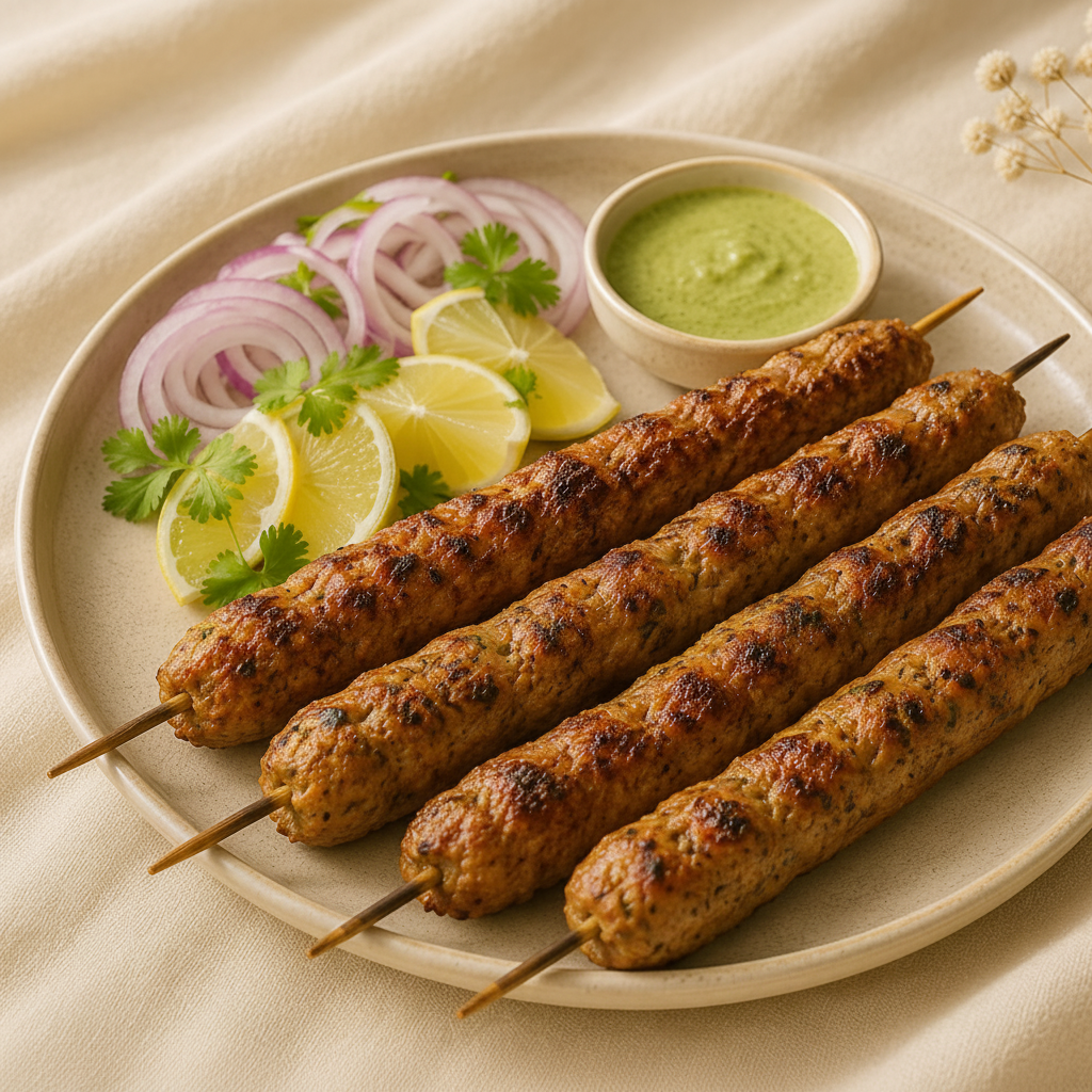 Seekh Kabab overhead close-up grilled skewers with chutney and onions