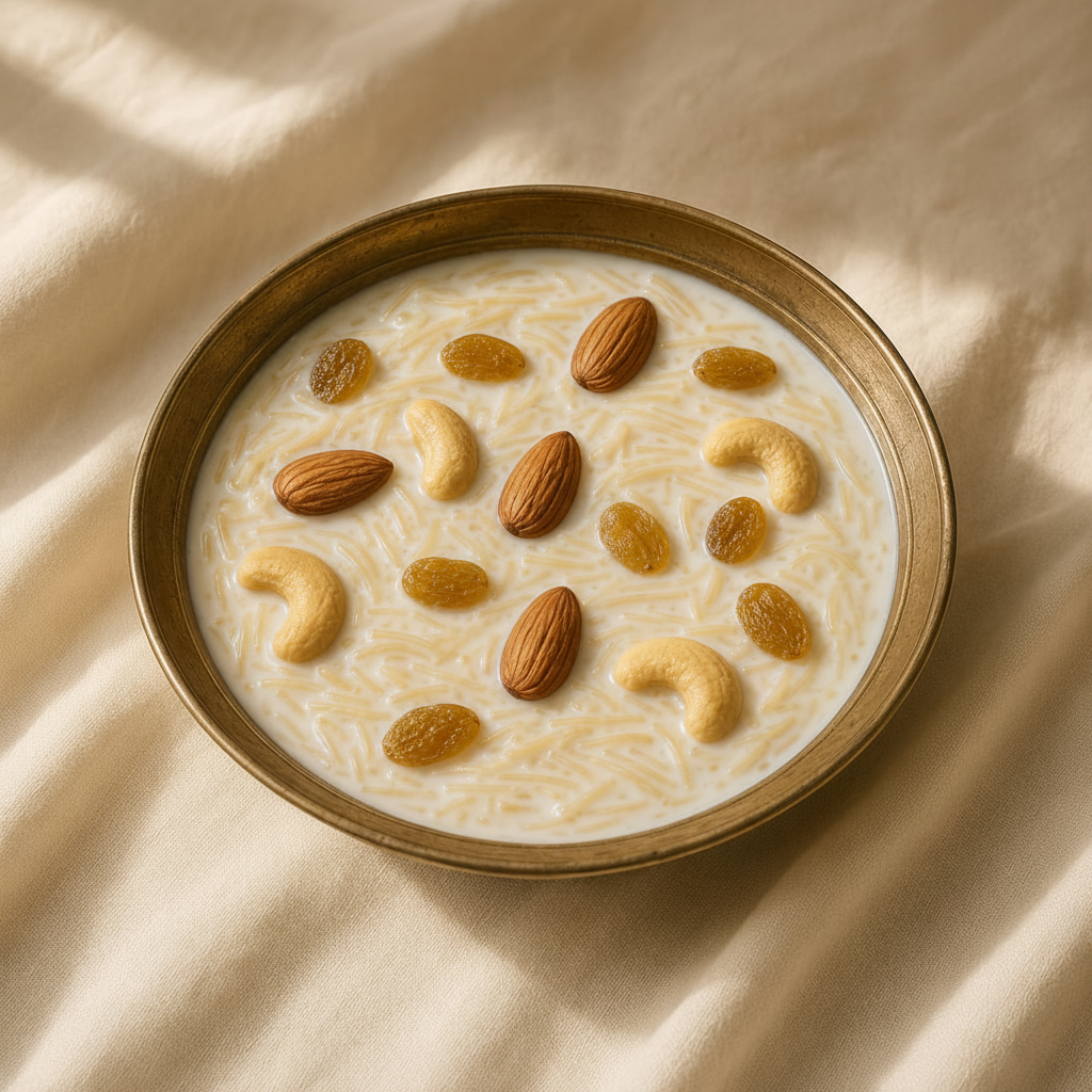 Sheer Khurma close-up overhead view with almonds, cashews and raisins