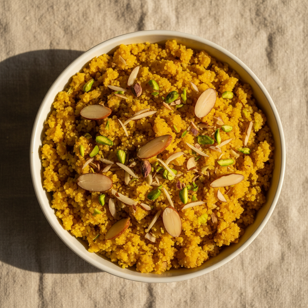 Sooji Halwa traditional Pakistani semolina dessert overhead view