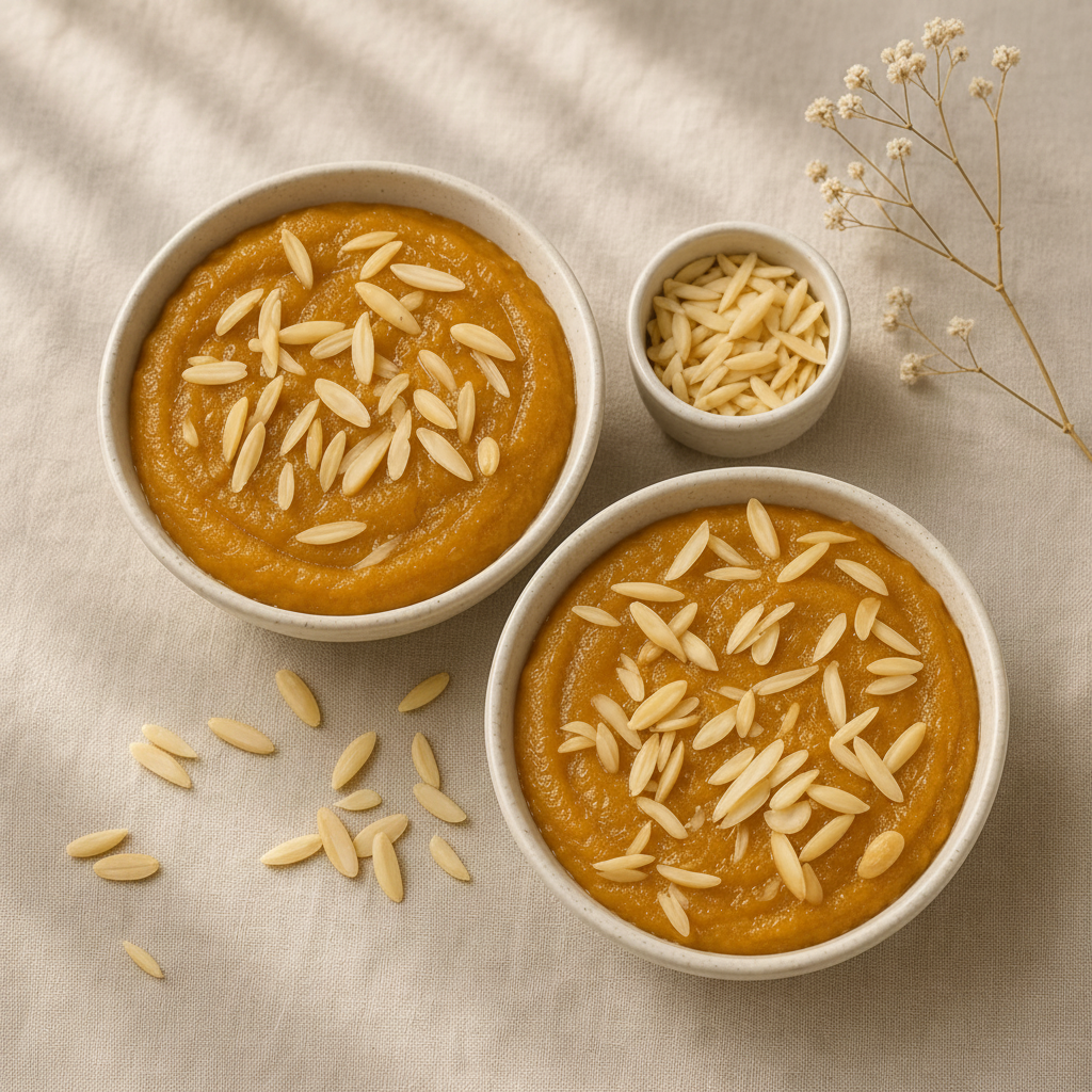 Shahi Daal Halwa 2kg pack two bowls overhead with sliced almonds