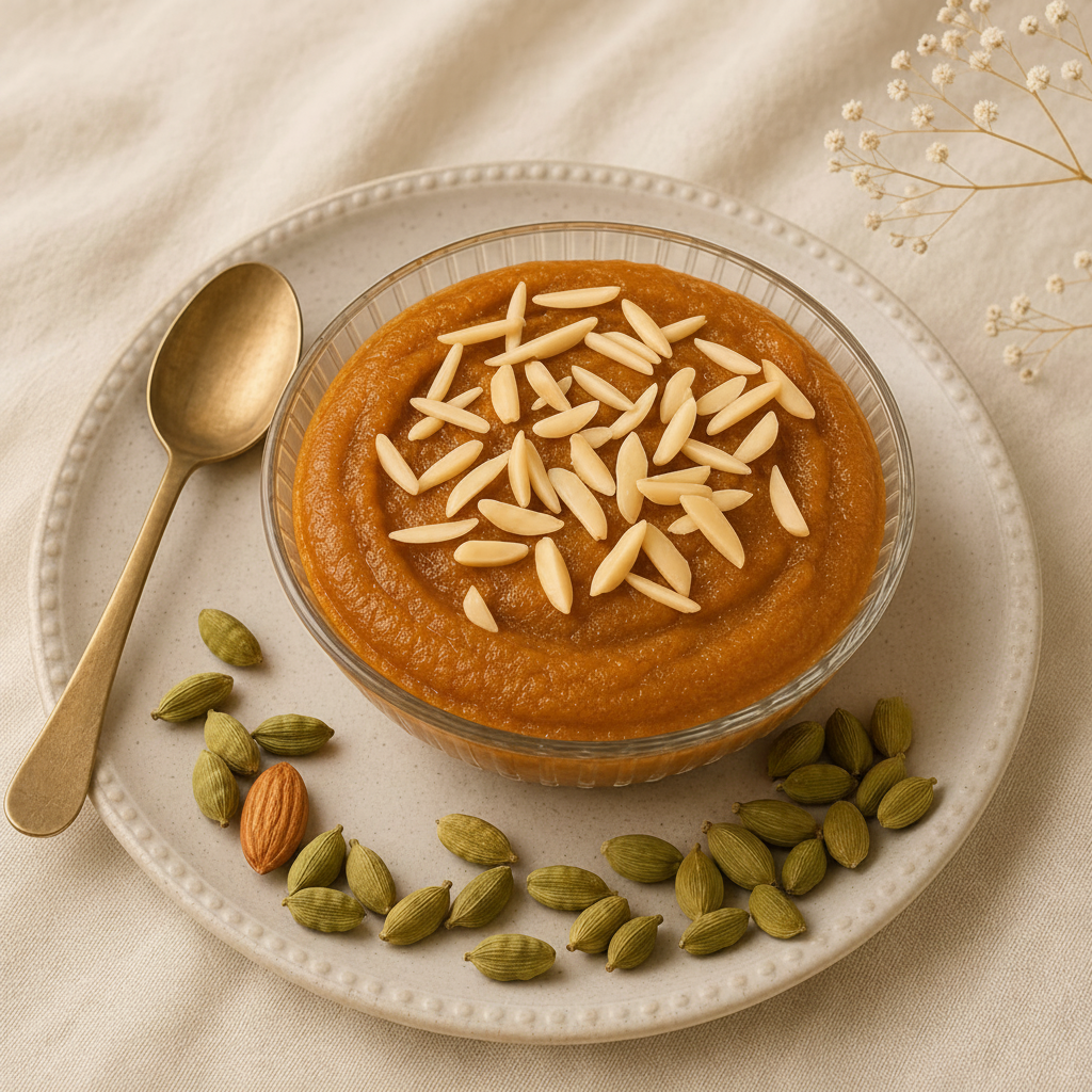Shahi Daal Halwa close-up overhead with sliced almonds and cardamom