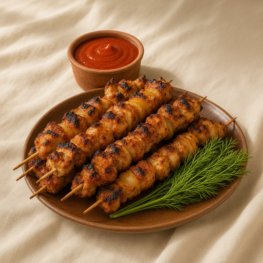 Chicken Sticks overhead close-up golden crispy skewers with dill and ketchup