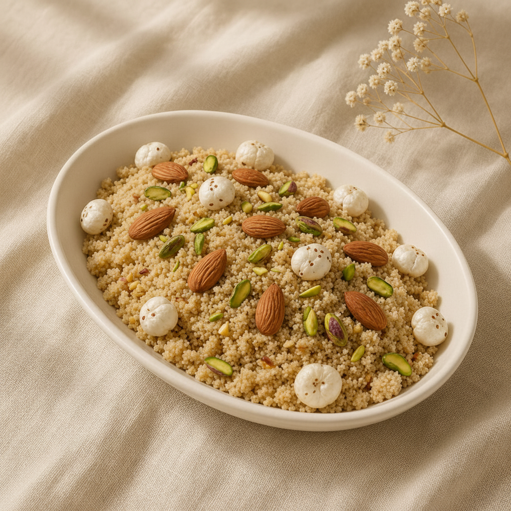 Panjeeri close-up overhead with almonds pistachios and makhana