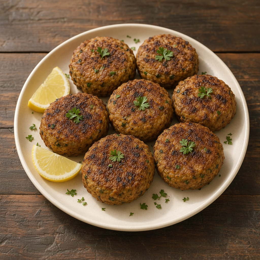 Shami Kabab overhead close-up golden brown patties with lemon